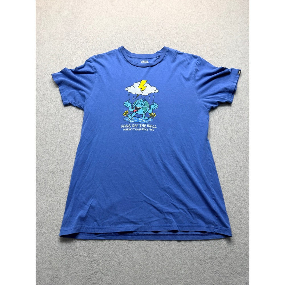 Vans Off The Wall Mens XL Slim Fit Blue Graphic T-Shirt Makin It Rain Earth Tee